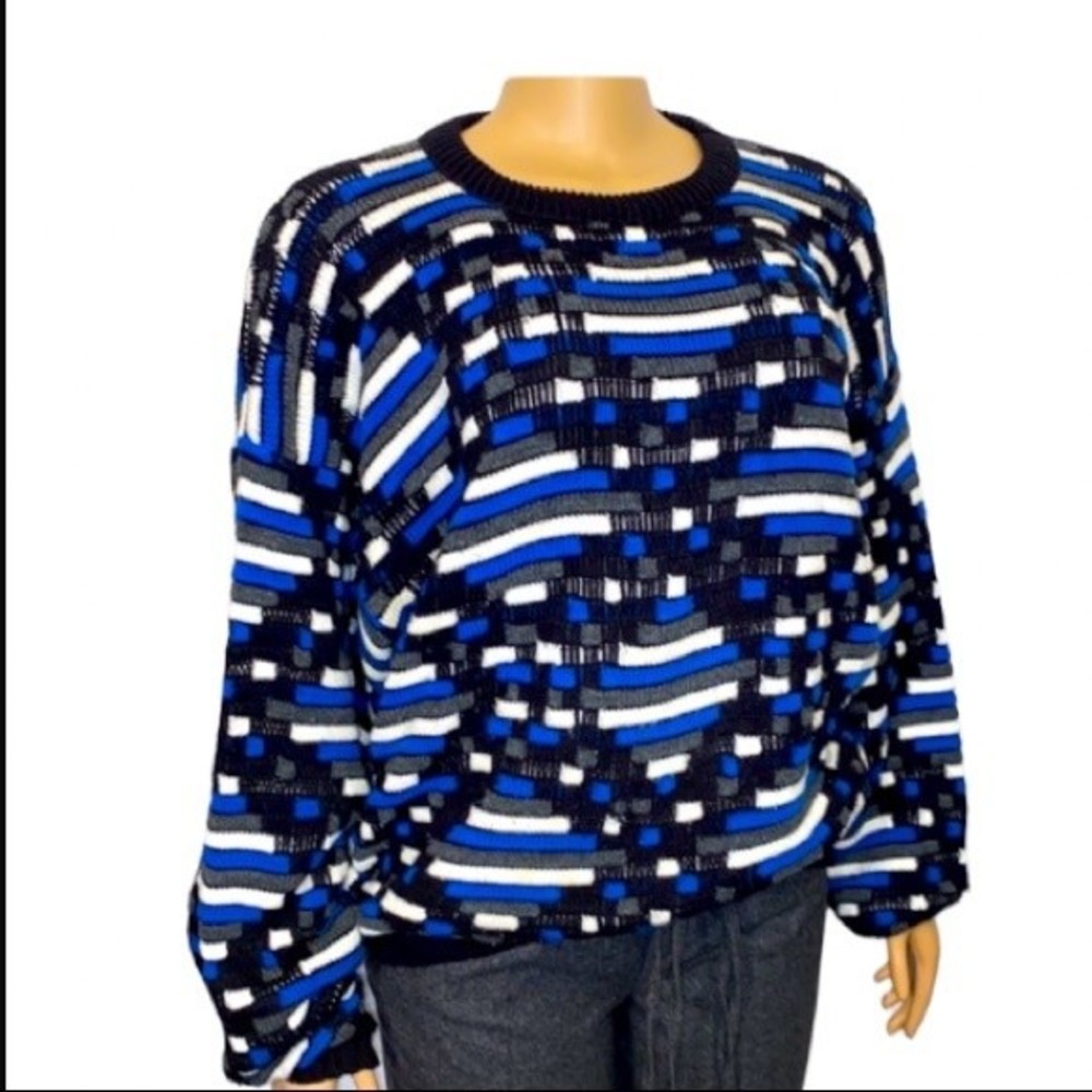 Vintage Jordache Sweater 3D Cable knit Coogi Style blue black white size L